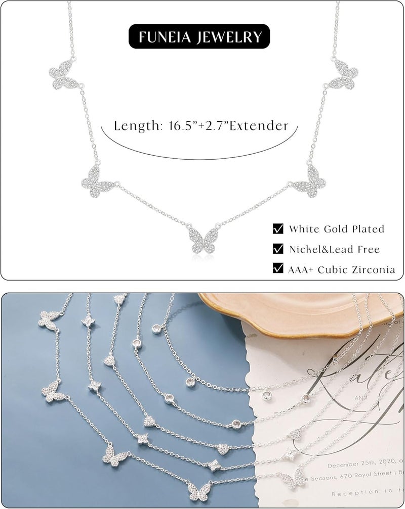 FUNEIA Dainty Silver Gold Necklaces for Women Trendy Non Tarnish 14K Gold Plated Cubic Zirconia Necklace Layered Cute Butterfly Heart Station Choker Necklace Stack for Wedding Prom Brides Jewelry - Image 5
